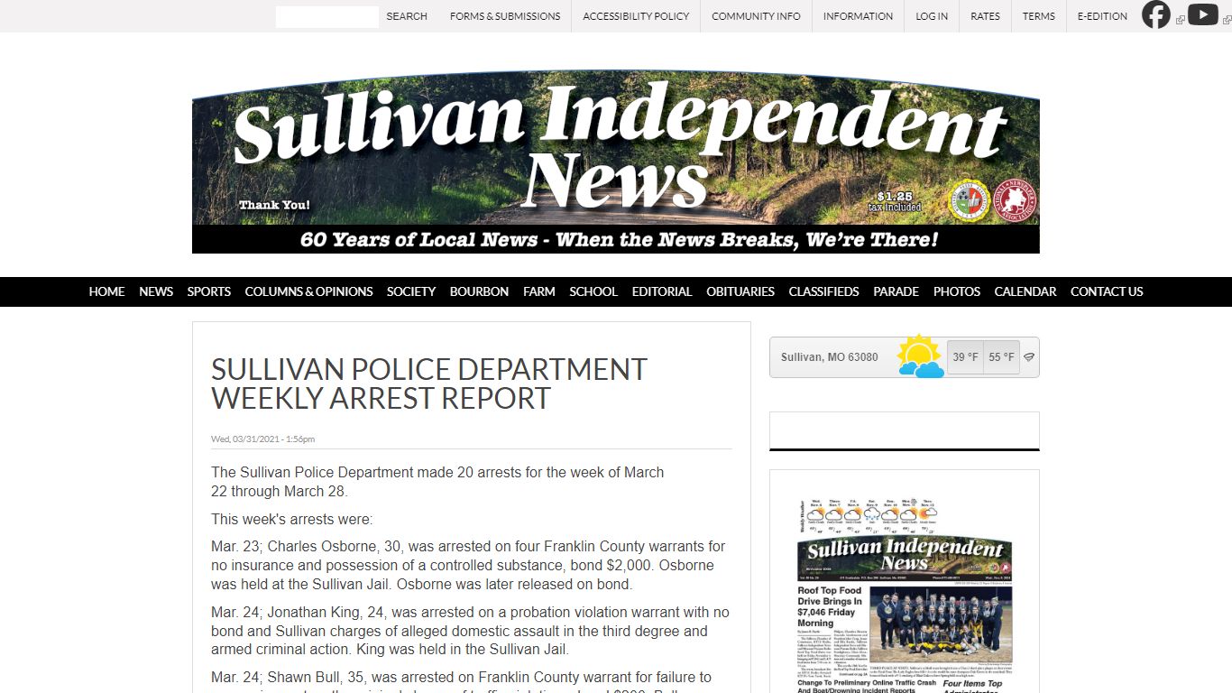 Sullivan Police Department Weekly Arrest Report